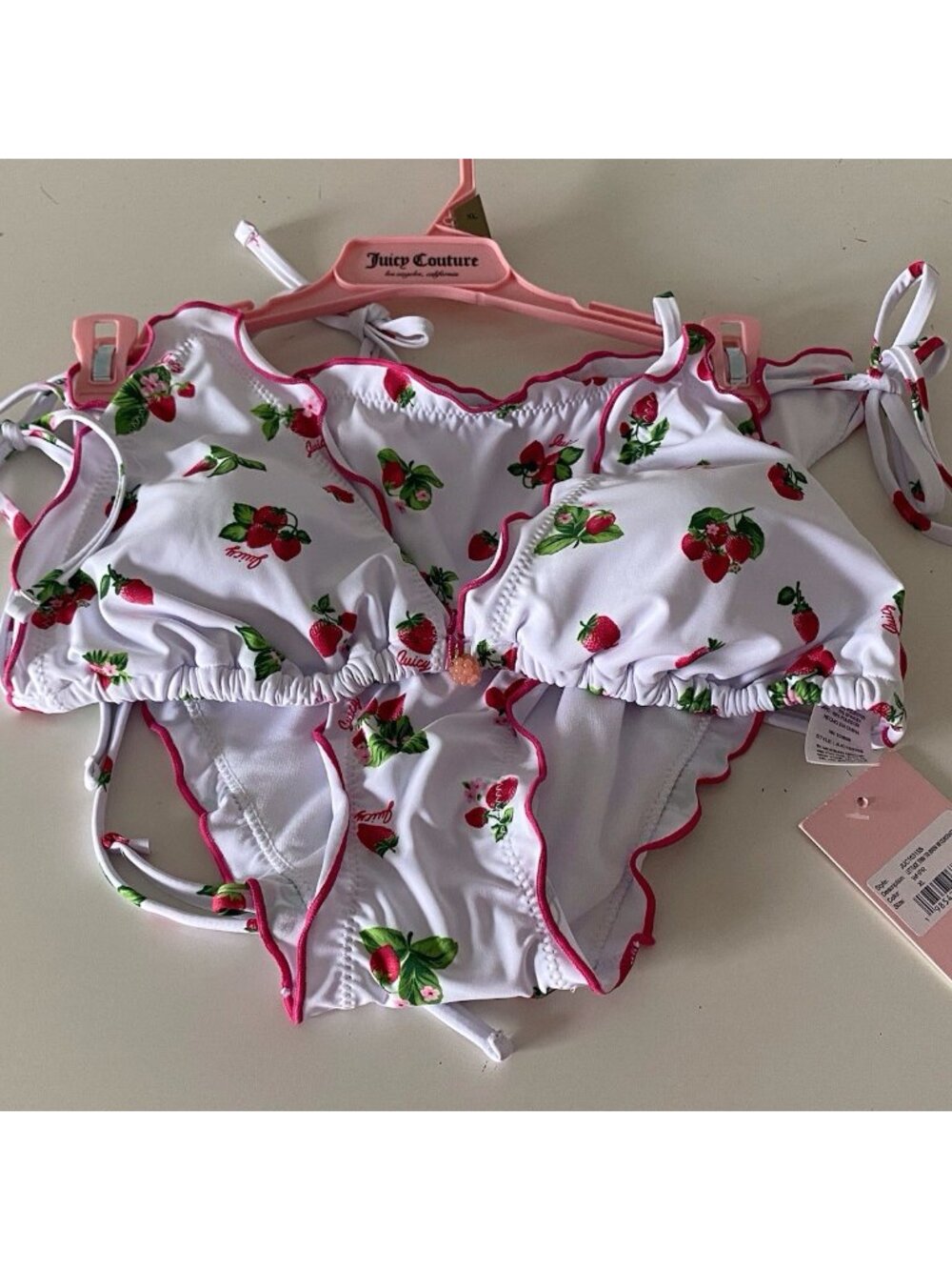 Juicy‎ Couture Lettuce Trim Contrast Triangle Bikini Sz XL Strawberry Ruffle NEW